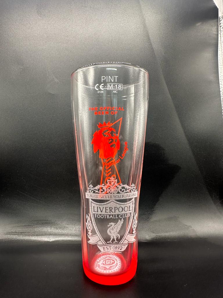 Budwesier engraved LFC premier league pint glass