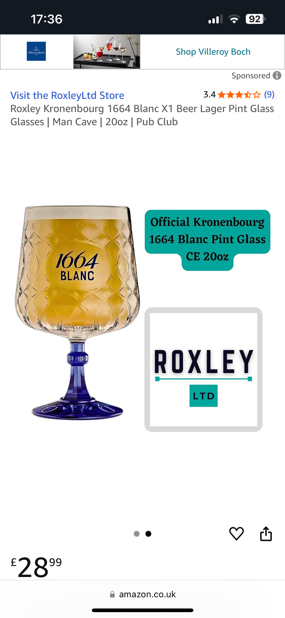 Kronenbourg 1664 blanc 20oz pint glass