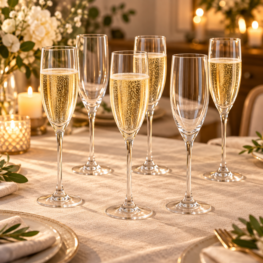 Six clear champagne flutes filled with bubbly golden champagne, arranged on a softly lit table setting with candles, flowers, and place settings in the background.