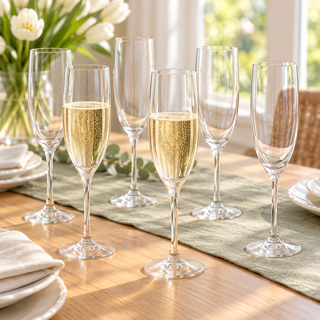 Six clear champagne flutes arranged on a wooden dining table, with two glasses filled with sparkling golden champagne and four empty. The setting includes a green runner, white plates, folded napkins, and a vase of white tulips in the background near a bright window.