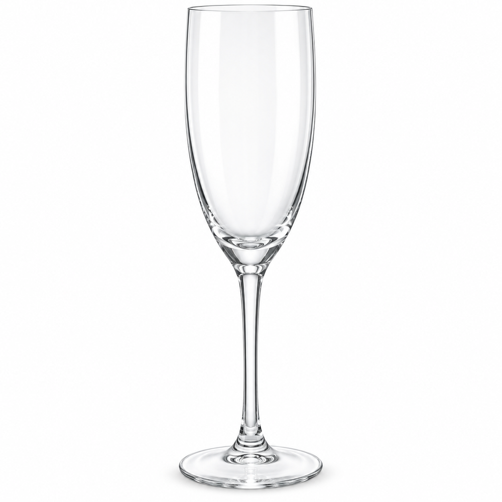 A single clear glass champagne flute with a long stem and round base, shown on a plain white background.