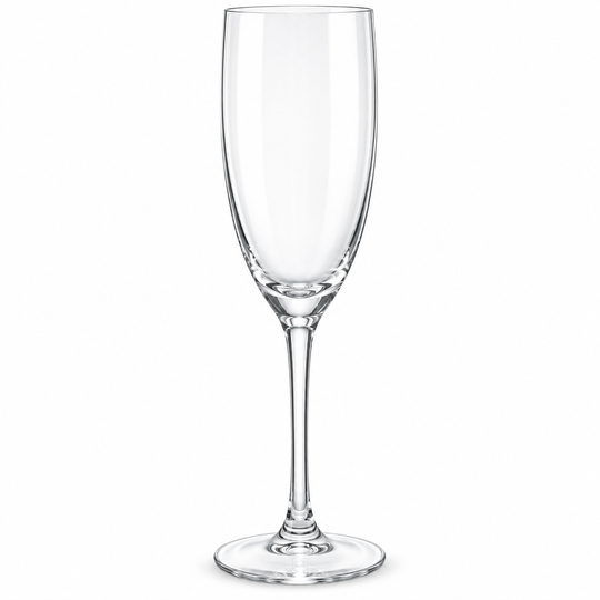 A single clear glass champagne flute with a long stem and round base, shown on a plain white background.