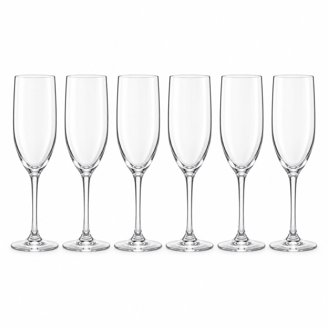 Six clear crystal champagne flutes arranged in a row against a plain white background.