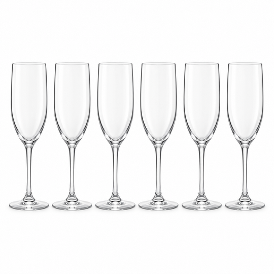 Six clear crystal champagne flutes arranged in a row against a plain white background.