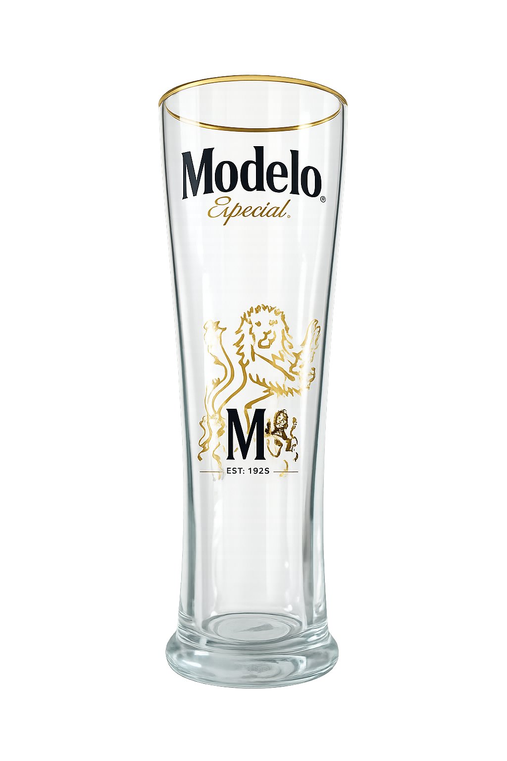 Official Modelo Especial 568ml pint glass with gold rim and branded design
