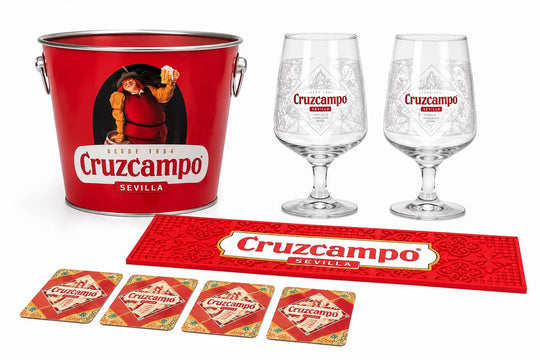Cruzcampo Home Bar Gift Set – 2 Glasses, Bar Runner, Bucket & Coasters