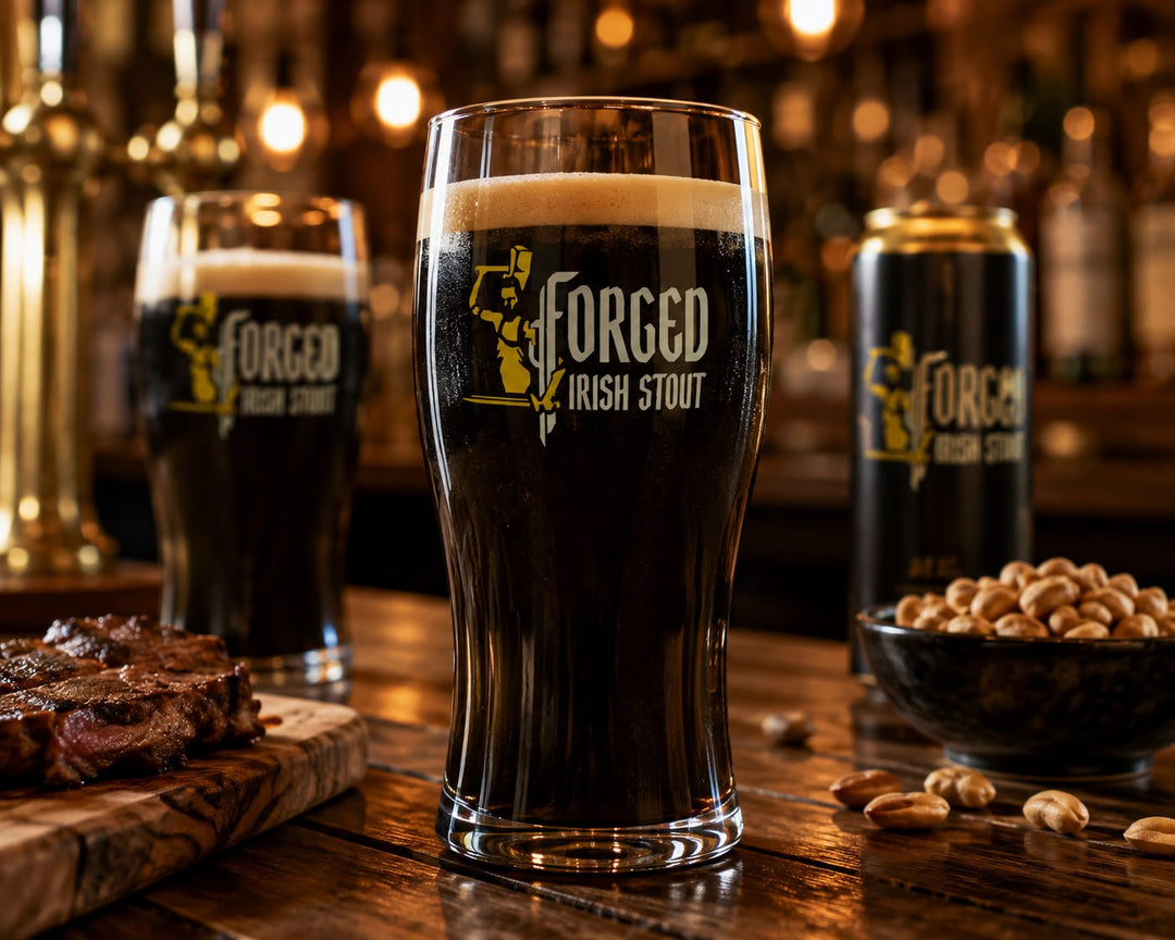 Forged Irish Stout branded pint glass with blacksmith logo
