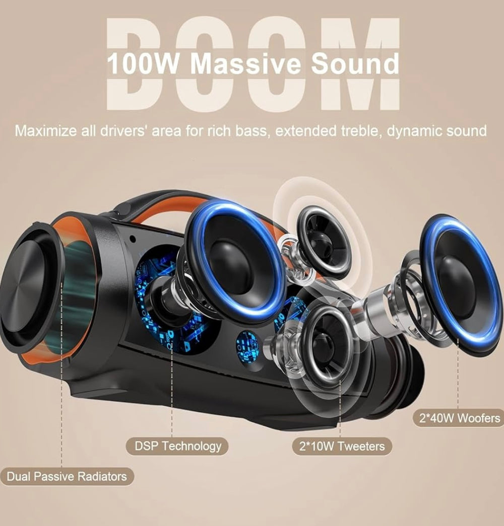 DOSS Extreme Boom Pro Bluetooth Speaker with 100W Stereo Sound, Rich Bass, IPX6 Waterproof, 20H Playtime, Power Bank, Mixed Color Light, Portable for Outdoor, Camping, Beach - Orange