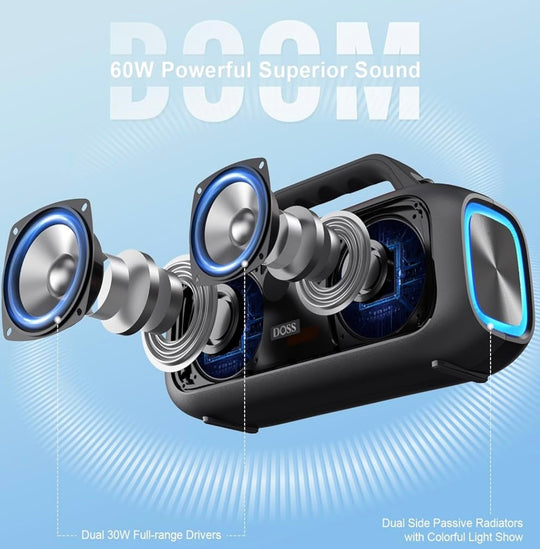 DOSS Extreme Boom S Portable Bluetooth Speaker - 60W Party Speaker with Rich Bass, IPX6 Waterproof, 25H Playtime & LED Lights, Wireless Outdoor Speaker for Camping, Beach, Pool