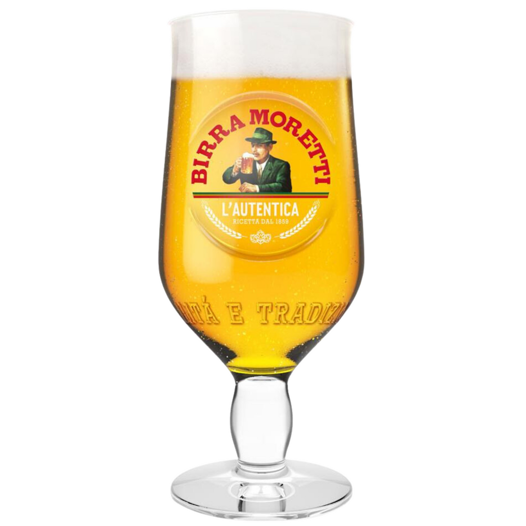 Birra Moretti glass with beer and brand label on a white background
