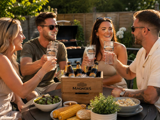 Wooden drinks cooler with Magners pint glasses
Magners BBQ drinks set
