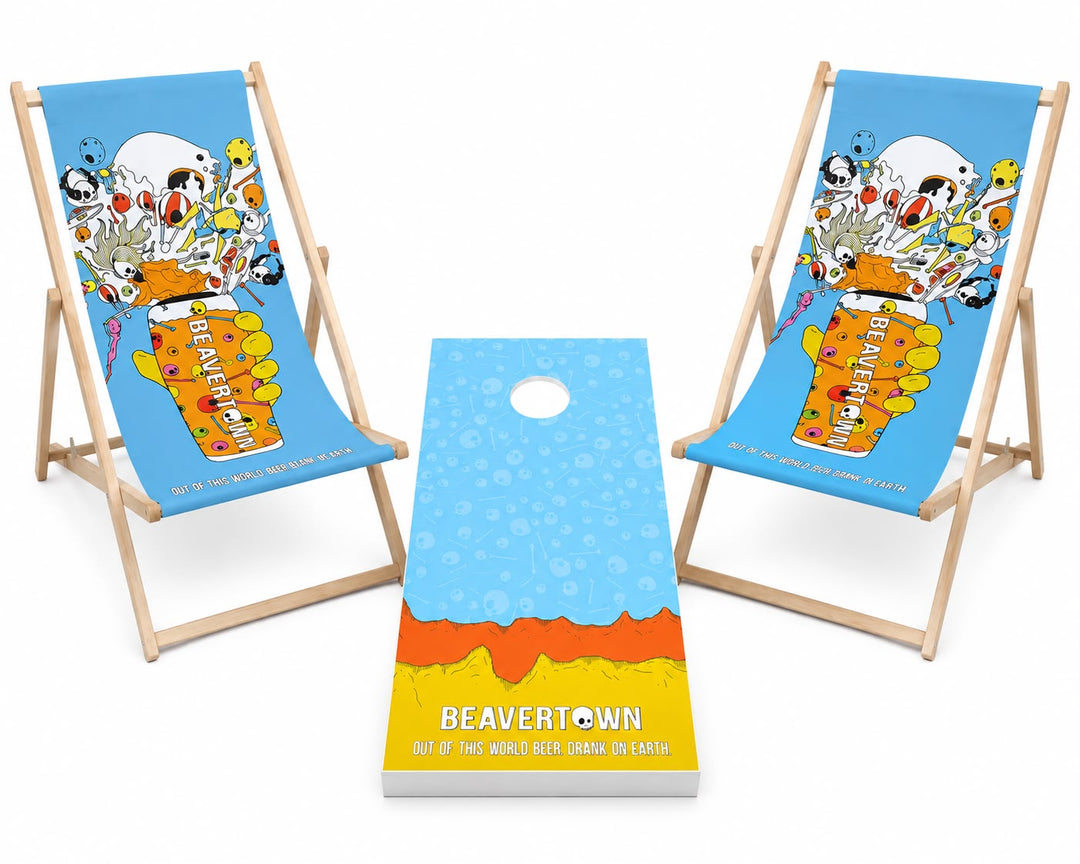 Limited edition Beavertown outdoor bundle with two deck chairs and corn toss game
