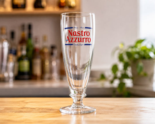 Nastro Azzurro Branded Beer Glass – Stemmed Pint Lager Glass – Home Bar Gift