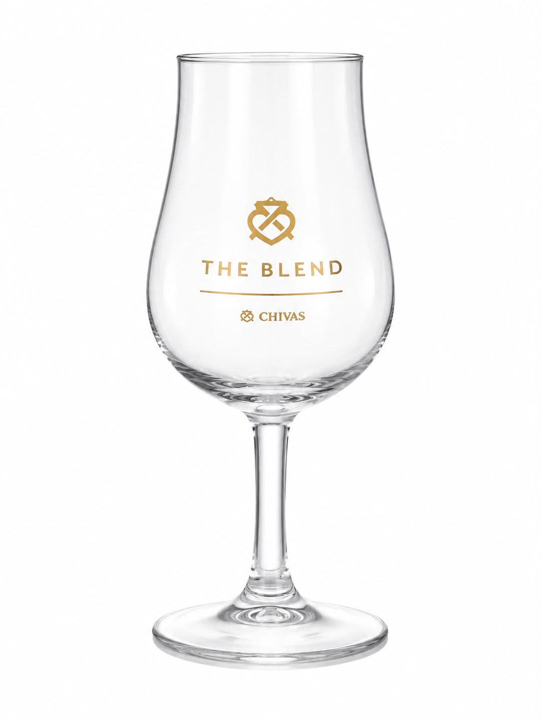 Chivas The Blend stemmed whisky tasting glass with gold branding