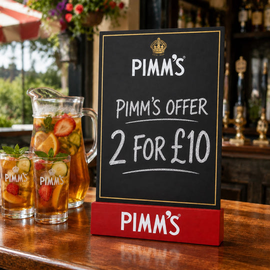 PIMM’S Branded Tabletop Chalkboard Bar Menu Sign with Red Base