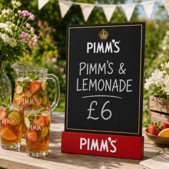 PIMM’S Branded Tabletop Chalkboard Bar Menu Sign with Red Base