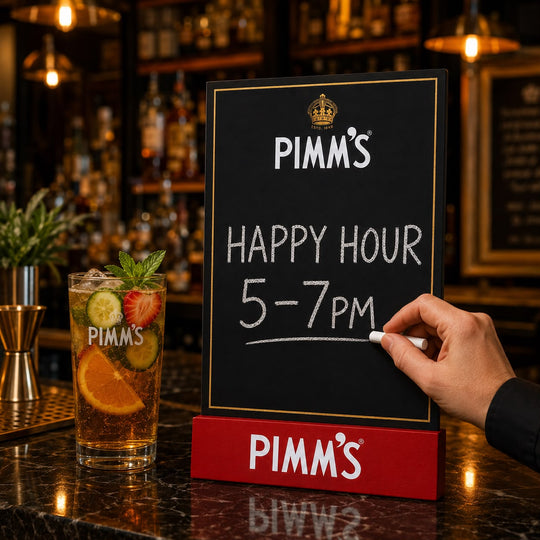 PIMM’S Branded Tabletop Chalkboard Bar Menu Sign with Red Base