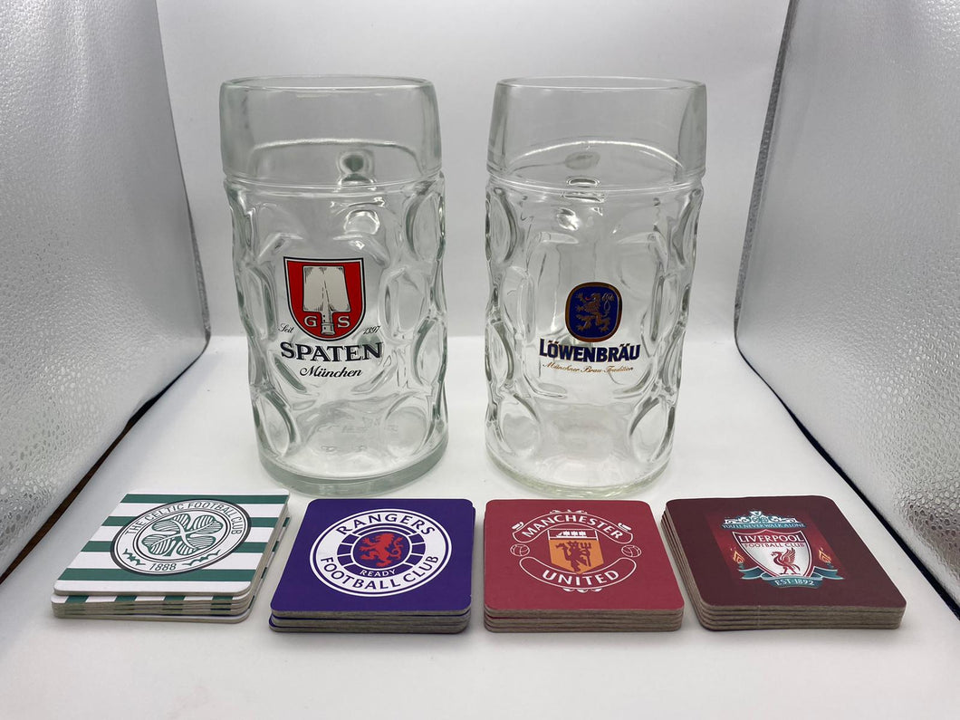 2 x litre spaten/lowenbrau litre steins and 5 free beer mats